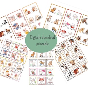 Op de afbeelding: Een verzameling digitale, printbare downloads met verschillende boerderijdieren. Elke kaart toont verschillende dieren zoals varkens, koeien, schapen en paarden, met een selectievakje. De tekst "Digitale download printable" is ook zichtbaar.