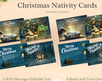 Weihnachtskrippe Bundle druckbare, bearbeitbare PDF Weihnachtskarten, christliche Feiertagskarten, PNG Download