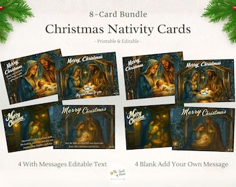 Könnte beinhalten: Ein 8-Karten-Bundle mit Weihnachtskarten zur Geburt Christi. Jede Karte zeigt ein Gemälde der Krippenszene mit Maria, Josef und dem Jesuskind. Auf jeder Karte steht "Frohe Weihnachten". Die Karten sind druckbar und editierbar.