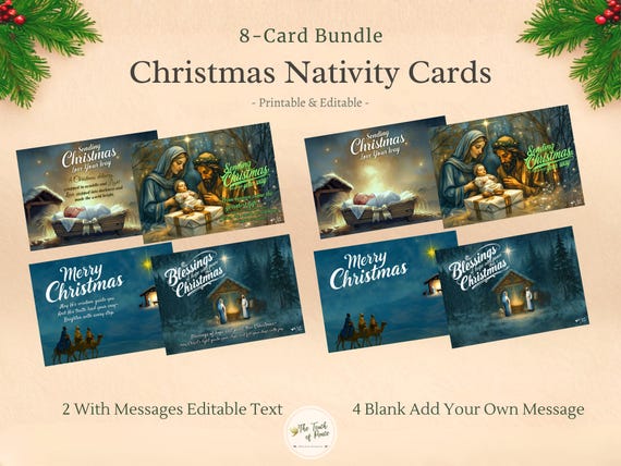 Christmas Nativity Card Bundle Printable, Editable PDF Christmas Cards, Christian Holiday Cards, PNG Download