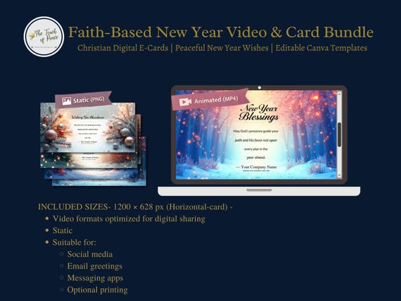 Faith-Based New Year Video & Card Bundle | Christian Digital E-Cards | Peaceful New Year Wishes | Editable Canva Templates