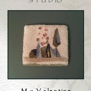 Puede incluir: Patrón de punto de aguja o de bordado titulado "My Valentine" que representa a una pareja de pie frente a un árbol con hojas que caen. El diseño es de Briar Cottage Studio.