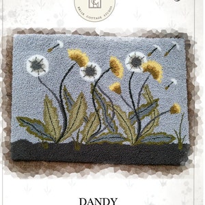 May include: Punch needle pattern for a dandelion design called "Dandy" by Kate Gillery. The pattern features a cluster of dandelions with white fluffy seeds and yellow flowers against a light blue background.