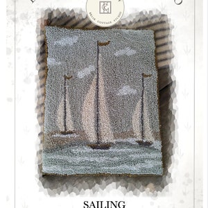 Peut inclure: Modèle de point de broderie pour un tapis représentant trois voiliers sur un fond d'eau bleu et blanc. Le motif est intitulé "Sailing" et est conçu par Kate Gillery.