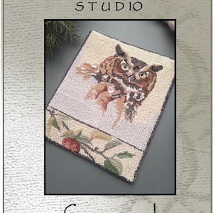 May include: Punch needle or needlework pattern for a brown and white owl with the text "Screech" and "Briar Cottage Studio". The pattern is 7.5 inches tall by 6 inches wide.