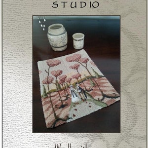 May include: A punch needle or needlework pattern for a design called "Walk with me". The pattern features a couple walking through a field of trees with pink hearts. The pattern is 6 inches by 8 inches and includes a color code for DMC threads.