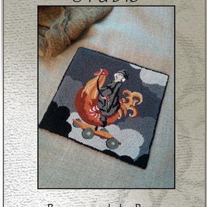 Puede incluir: Patrón de punto de aguja o de bordado para un proyecto de 17,8 cm por 17,8 cm titulado "La Bella y la Bestia". El diseño presenta a una mujer montando un gallo en una nube. El patrón incluye un código de color para el hilo DMC y está disponible para su compra.