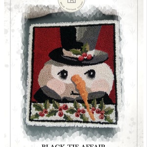 May include: A punch needle pattern titled "Black Tie Affair" featuring a snowman wearing a top hat and a carrot nose. The design is framed with a white border and a red background. The text "Briar Cottage Studio" and "Design by Kate Gillery" are also visible.
