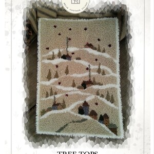 Peut inclure: Modèle de point de broderie pour une scène d'hiver avec des maisons et des arbres. Le modèle s'appelle "Tree Tops" et est conçu par Kate Gillery.