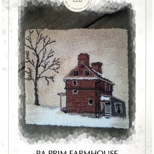 Peut inclure: Modèle de point d'aiguille pour une ferme brune avec un toit blanc et un arbre dénudé au premier plan. Le motif est intitulé "PA Prim Farmhouse" et est conçu par Kate Gillery.