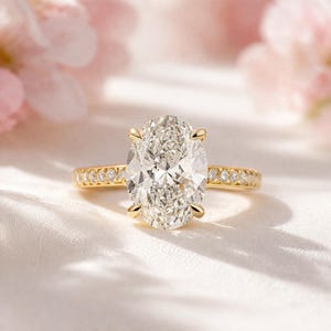 Moissanite Diamond Engagement Ring / 1.50 Carat Yellow Gold Large Oval Cut Anniversary Ring / Solitaire with Accent Diamond Ring
