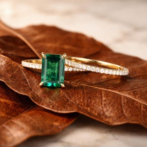 Hidden Halo Cubic Zirconia Emerald Cut Engagement Ring / Bridal Wedding Ring Set / Prong Setting Green Diamond Ring / Anniversary Gifts