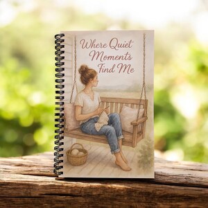 May include: Spiral-bound journal with the text "Where Quiet Moments Find Me." The cover features an illustration of a person crocheting on a porch swing. The journal has a black spiral binding and a wooden background.