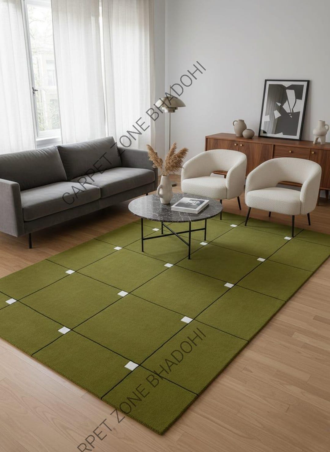 Olive Green Hand Tufted Wool Rug | Modern Grid Area Rug | Minimalist ...