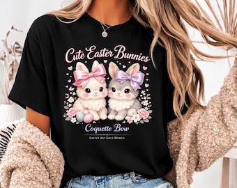 Conejitos de Pascua con lazo coqueto PNG: Diseño floral primaveral en tonos pastel (Descarga digital)