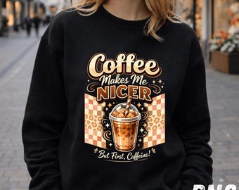 El café me hace más agradable PNG: Diseño retro de café helado con estampado de leopardo y cuadros (descarga digital)