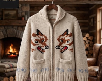 Vintage Mens Fox Jacquard Knit Cardigan: Chunky Acrylic Zip-Up Sweater