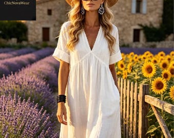 Linen Maxi Dress Women Boho Summer Beach Loose Outfit