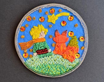 Embroidered Little Prince fox pin beaded illustration jewelry
