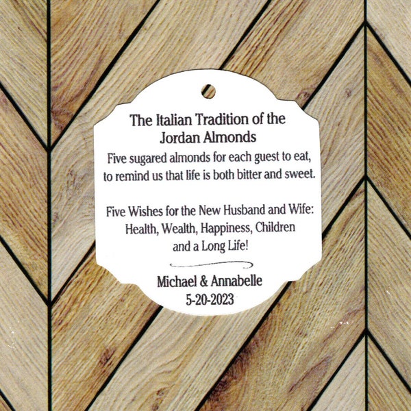 Jordan Almond Favor Tags - 5 Almond Wishes , Five Wishes Poem, Italian Custom, Wedding Favor tag