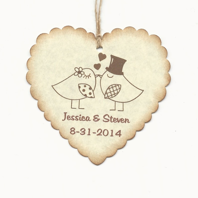 100 PERSONALIZED Heart Shaped Love birds Thank you Tag Wedding Favor tags-Shower or Gift tags-Hang Tags-JellyJamHoney Jar tags