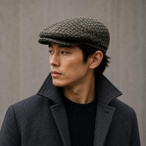 May include: A flat cap featuring a textured, multi-colored houndstooth pattern in shades of brown, black, and grey. The cap has a rounded crown, a short stiff brim, and a small circular button detail on the side, worn with a dark grey wool coat.
