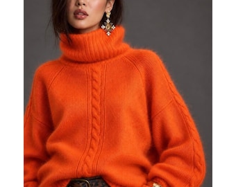 E.M.T. Orange Silk Angora Blend Cable Knit Oversized Turtleneck Sweater Medium