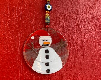 Enfeite de boneco de neve em vidro fundido, decoração de parede natalina artesanal, pingente de olho grego