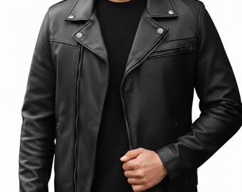 May include: A black leather jacket with a classic biker style. Features include a notched lapel, asymmetrical zipper closure, and multiple zippered pockets. The jacket has a tailored fit and is made of a smooth, matte material. The brand logo is visible in the upper left corner.