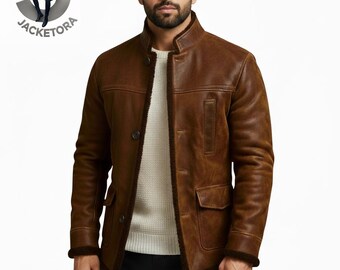 Chaqueta de aviador clásica de piel de oveja marrón para hombre