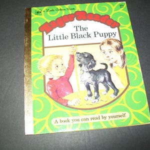 May include: A green and gold book cover with the title "The Little Black Puppy" and the text "A book you can read by yourself". The cover features a cartoon illustration of a child measuring a black puppy with a measuring tape.