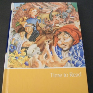 May include: A book cover with a colorful illustration of people and animals. The cover is yellow with the text "Time to Read" in black.