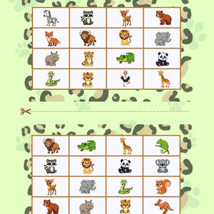 May include: A children's educational worksheet featuring cartoon animals like a zebra, lion, and giraffe. The worksheet is divided into grids with animal illustrations. The background is light green with animal print patterns. The text "Bilingual Fun Center" is visible.