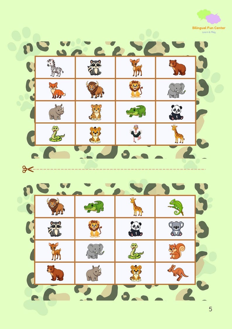May include: A children's educational worksheet featuring cartoon animals like a zebra, lion, and giraffe. The worksheet is divided into grids with animal illustrations. The background is light green with animal print patterns. The text "Bilingual Fun Center" is visible.