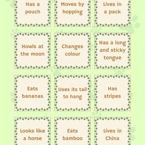 May include: A light green educational game with twelve cards featuring animal characteristics like "Has a pouch" and "Eats bananas." The game is designed for children and includes the text "Bilingual Fun Center."