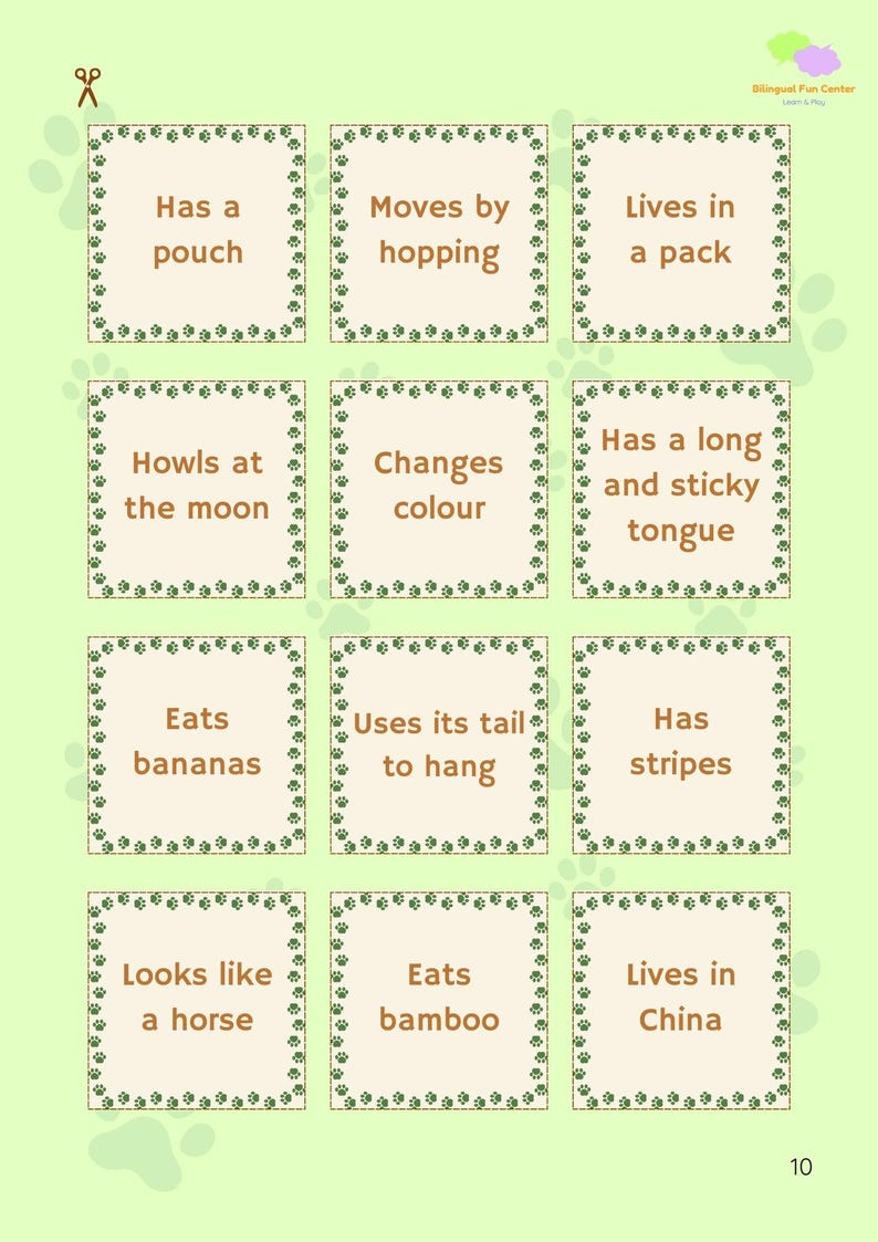 May include: A light green educational game with twelve cards featuring animal characteristics like "Has a pouch" and "Eats bananas." The game is designed for children and includes the text "Bilingual Fun Center."