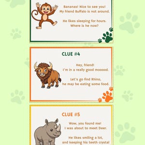 May include: A colorful educational game page with three clues featuring cartoon animals: a monkey, a buffalo, and a rhino. Each clue includes text and paw print decorations on a light green background.