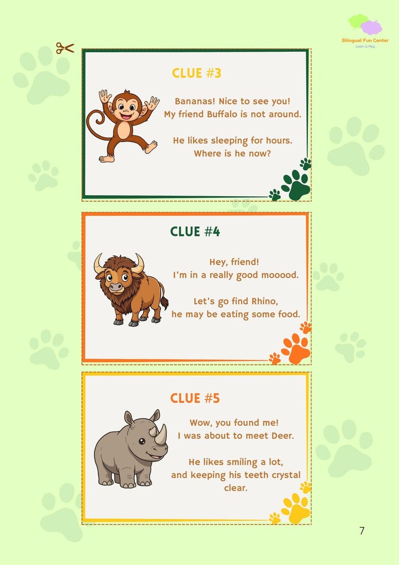 May include: A colorful educational game page with three clues featuring cartoon animals: a monkey, a buffalo, and a rhino. Each clue includes text and paw print decorations on a light green background.