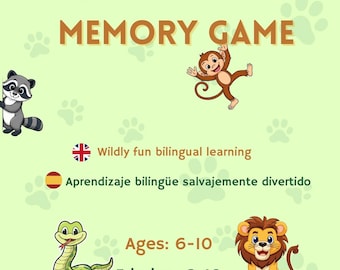 Wild Animals Memory Game | Bilingual English-Spanish Memory Game | Wild Animals | Printable Kids Game