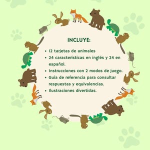 May include: A light green educational card game with animal illustrations. The game includes 12 animal cards, instructions, and a reference guide. The text on the card reads "INCLUYE:" and lists the game's features.