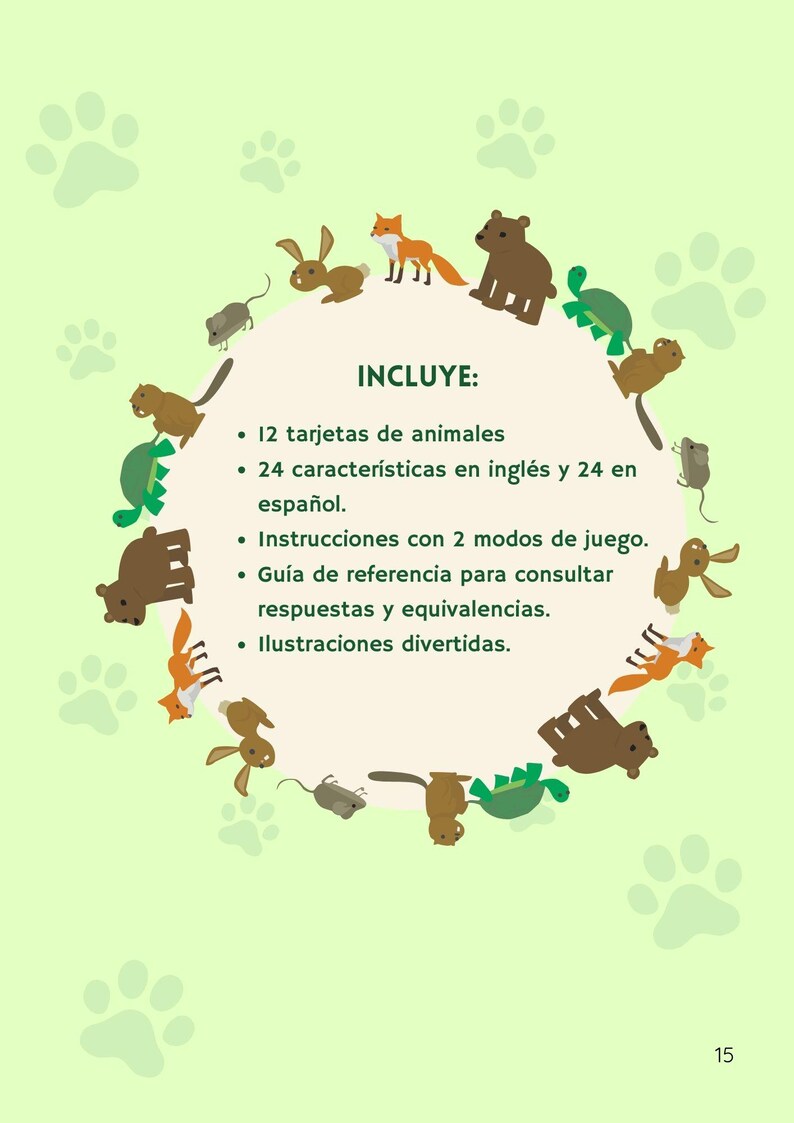 May include: A light green educational card game with animal illustrations. The game includes 12 animal cards, instructions, and a reference guide. The text on the card reads "INCLUYE:" and lists the game's features.
