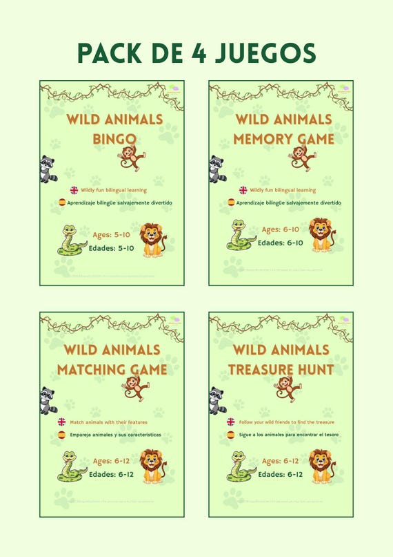 Wild Animals Pack | 4 Juegos imprimibles bilingües inglés–español | Aprender inglés jugando | Primaria