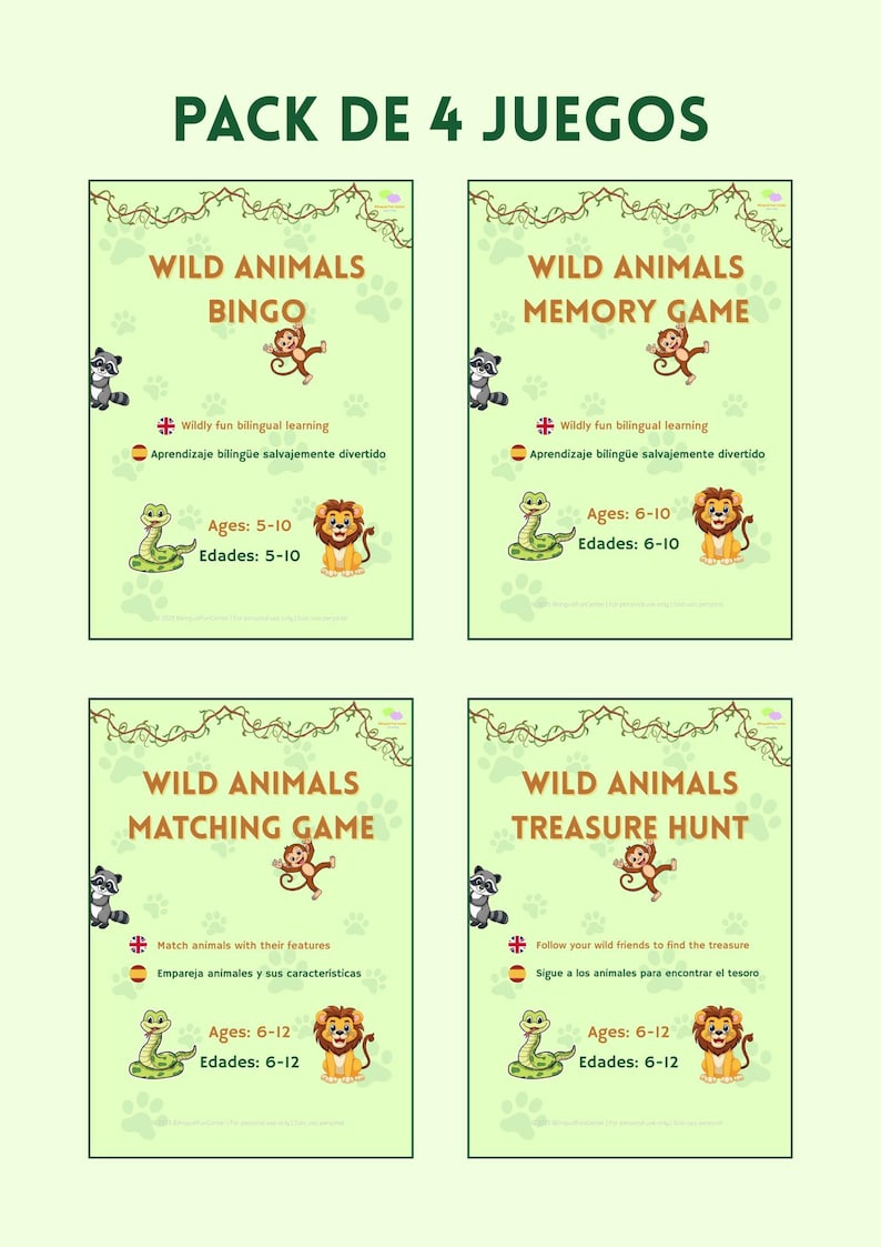 May include: A pack of four educational games for children, each with a jungle theme. The games include Bingo, Memory Game, Matching Game, and Treasure Hunt. Each game features colorful illustrations of wild animals and is designed for ages 5-12.