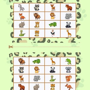 May include: A children's educational worksheet featuring cartoon animals like a zebra, lion, and giraffe. The worksheet is divided into grids with animal illustrations. The background is light green with animal print patterns. The text "Bilingual Fun Center Learn & Play" is in the upper right corner.