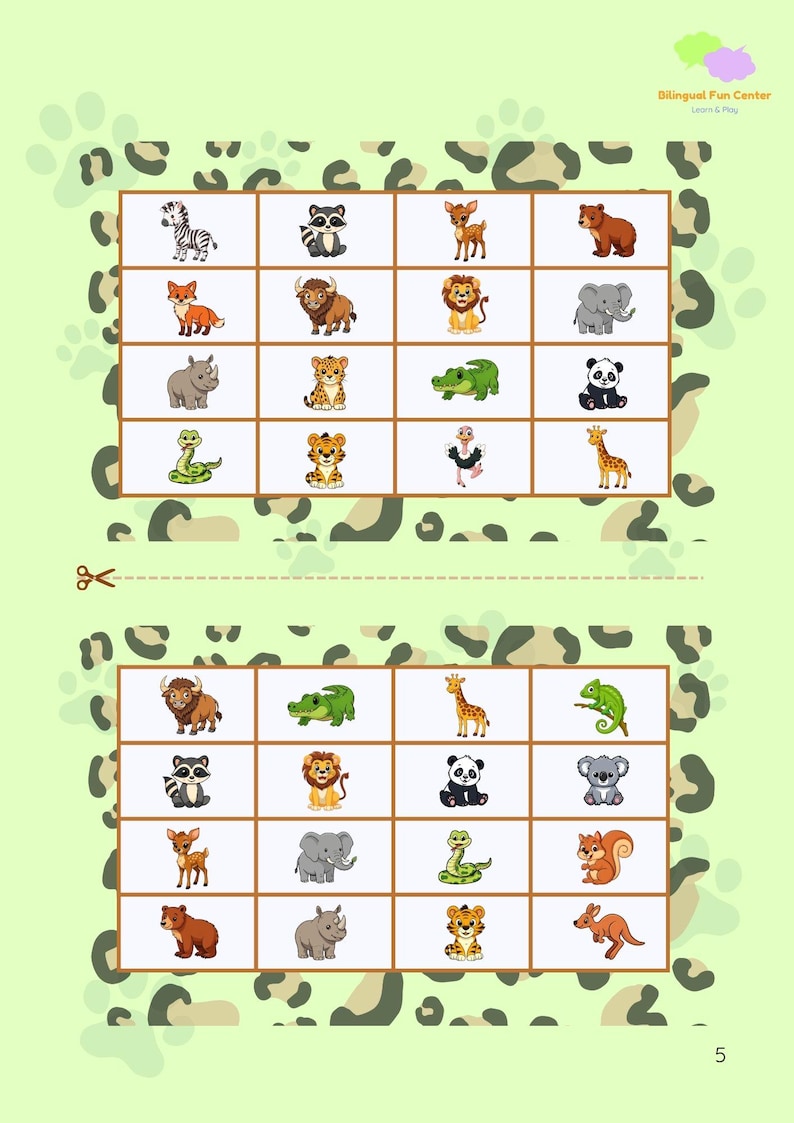 May include: A children's educational worksheet featuring cartoon animals like a zebra, lion, and giraffe. The worksheet is divided into grids with animal illustrations. The background is light green with animal print patterns. The text "Bilingual Fun Center Learn & Play" is in the upper right corner.
