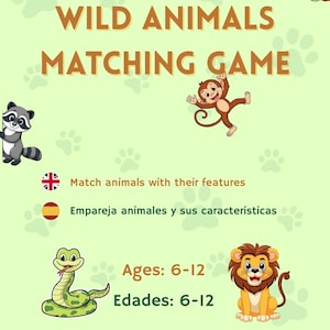 Wild Animals Matching Game | Bilingual Printable English-Spanish Game | Learn Vocabulary Through Play | Primary School