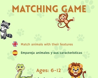 Wild Animals Matching Game | Bilingual Printable English-Spanish Game | Learn Vocabulary Through Play | Primary School