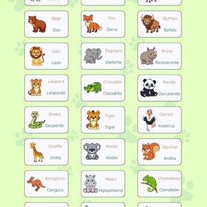 May include: A colorful educational chart featuring illustrations of various animals, each labeled with its name in English and Spanish. The animals include a zebra, bear, lion, leopard, snake, giraffe, kangaroo, monkey, raccoon, fox, elephant, crocodile, tiger, koala, hippo, wolf, deer, buffalo, rhino, panda, ostrich, squirrel, chameleon, and beaver.