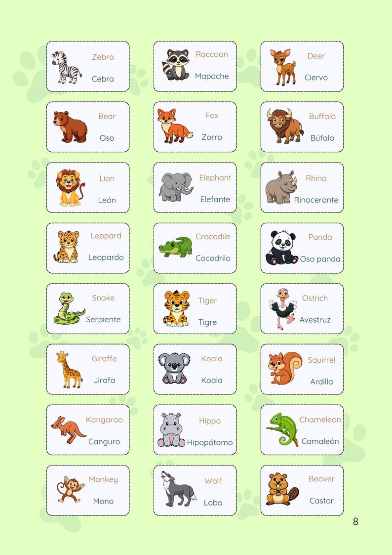 May include: A colorful educational chart featuring illustrations of various animals, each labeled with its name in English and Spanish. The animals include a zebra, bear, lion, leopard, snake, giraffe, kangaroo, monkey, raccoon, fox, elephant, crocodile, tiger, koala, hippo, wolf, deer, buffalo, rhino, panda, ostrich, squirrel, chameleon, and beaver.