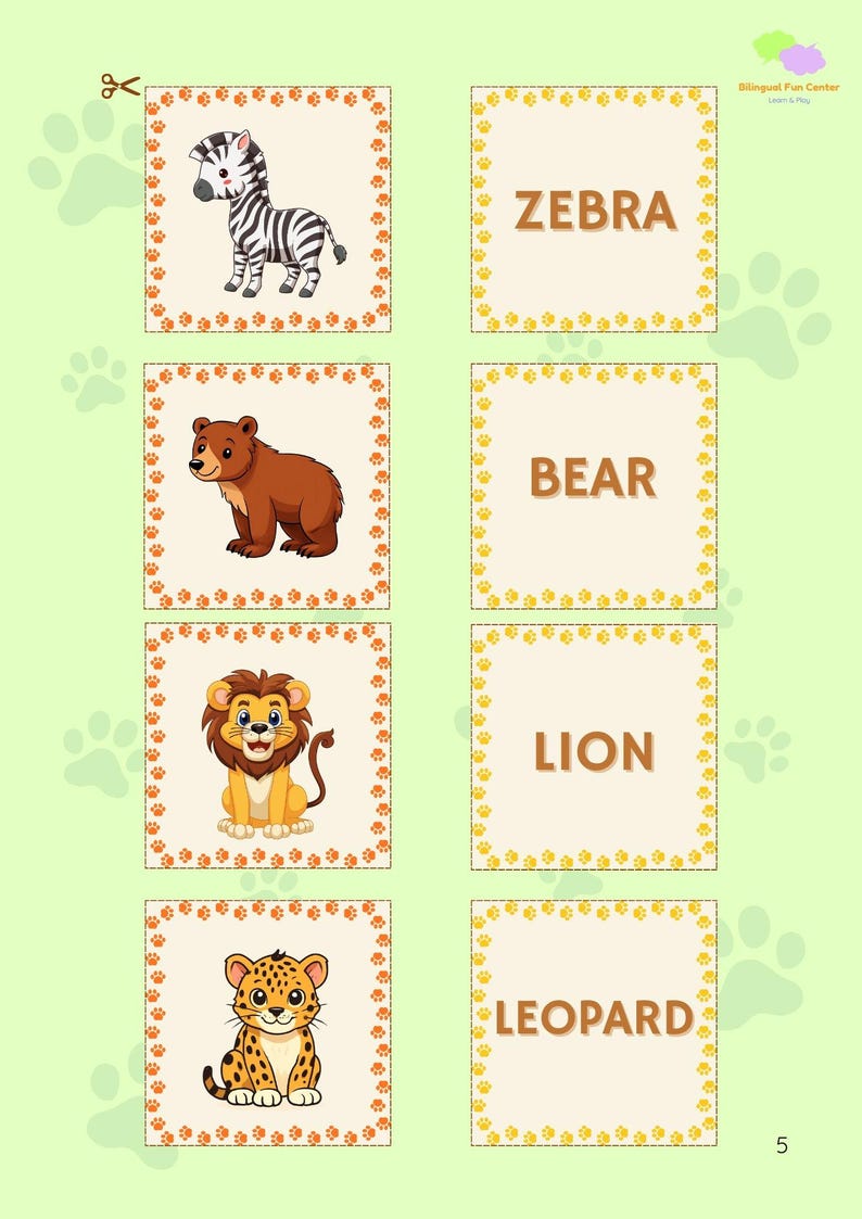 May include: Educational flashcards featuring cartoon animals: a zebra, bear, lion, and leopard. Each animal is paired with its name in a large, clear font. The background is light green with paw prints.